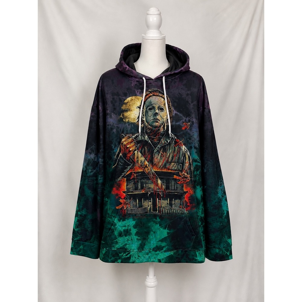 Michael Myers Halloween Horror Tie Dye Graphic Hoodie Green Purple XXL Unisex